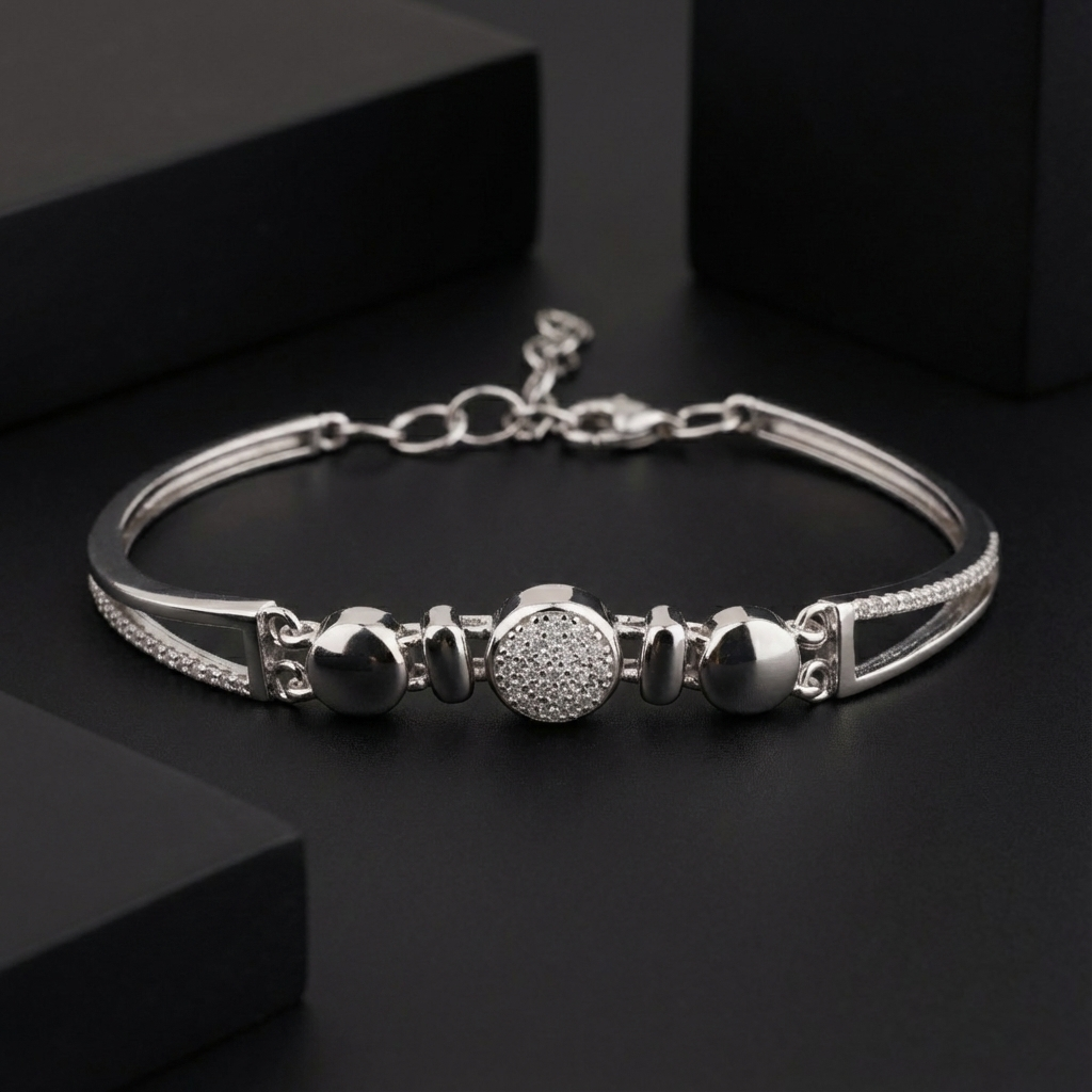 925 Sterling Silver Round CZ Accent Bracelet – Sleek Contemporary Design | BJBR-065
