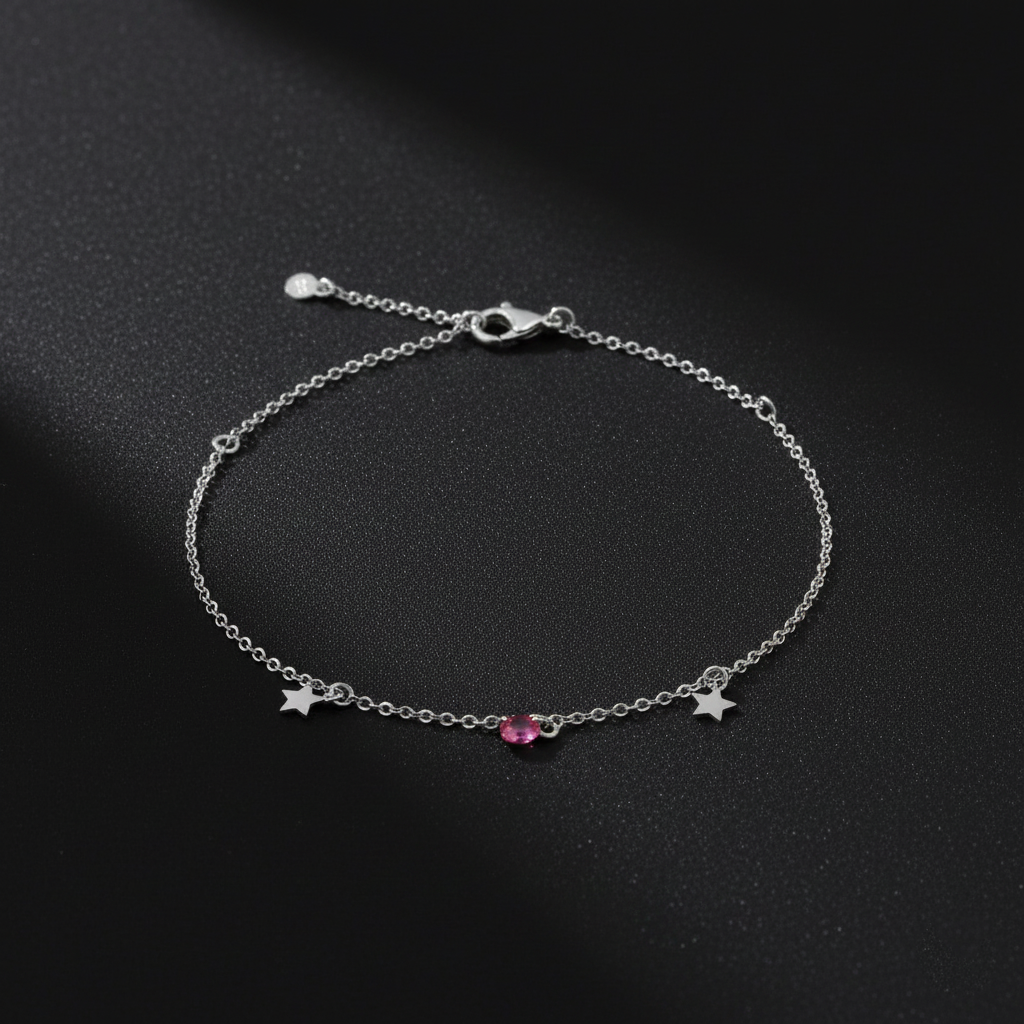 925 Sterling Silver Star Charm Bracelet with Pink Crystal, Delicate Chain Link Design, Adjustable Length, Jewelry for Women | Gifts for Women & Girls & Girlfriend |Wedding and Christmas Gifts | BJBR-039