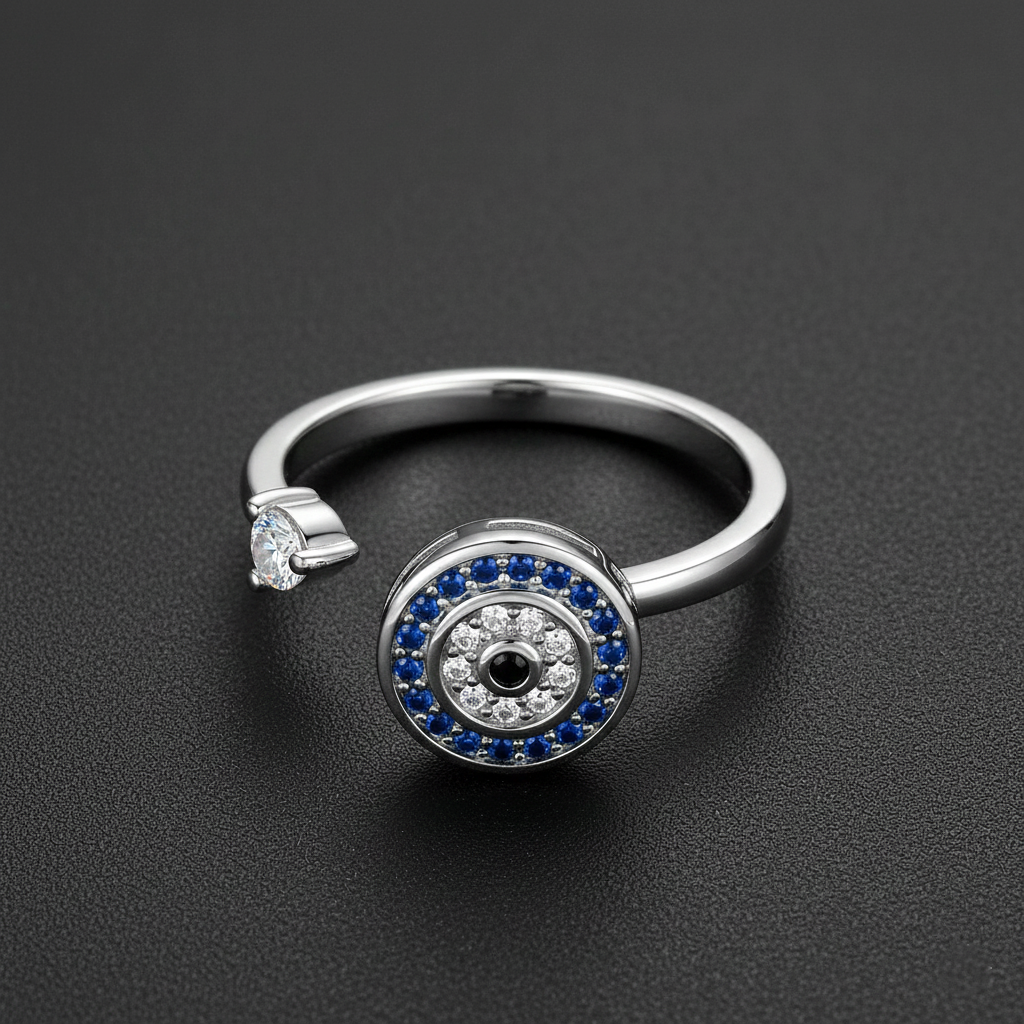 925 Sterling Silver Evil Eye Protection Ring with Blue Sapphire and Diamond CZ, Adjustable Wave Design Band with Black Crystal Accent | BJLR-0003