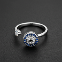 925 Sterling Silver Evil Eye Protection Ring with Blue Sapphire and Diamond CZ, Adjustable Wave Design Band with Black Crystal Accent | BJLR-0003