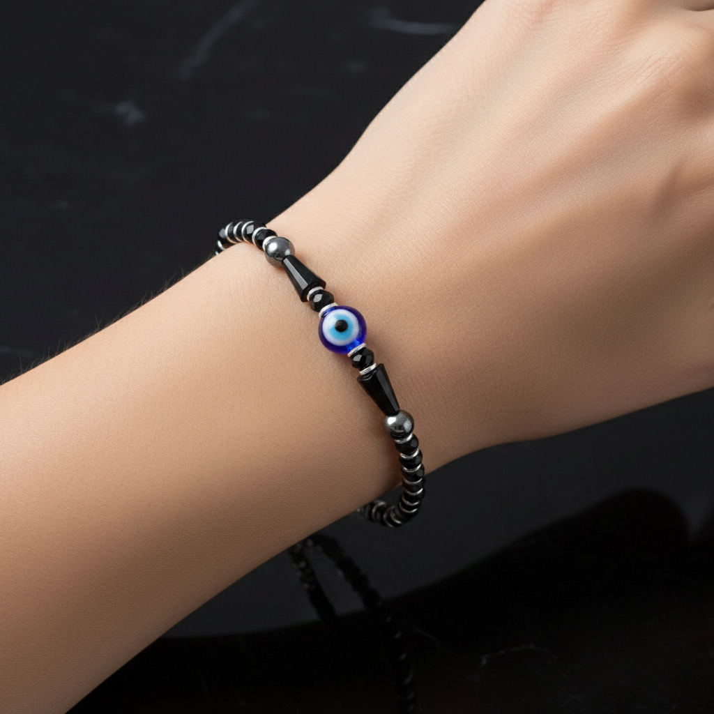925 Starling Silver Black Beaded Bracelet with Blue Evil Eye, Silver Accents, Adjustable Size Spring Ring Clasp | BJBR-013