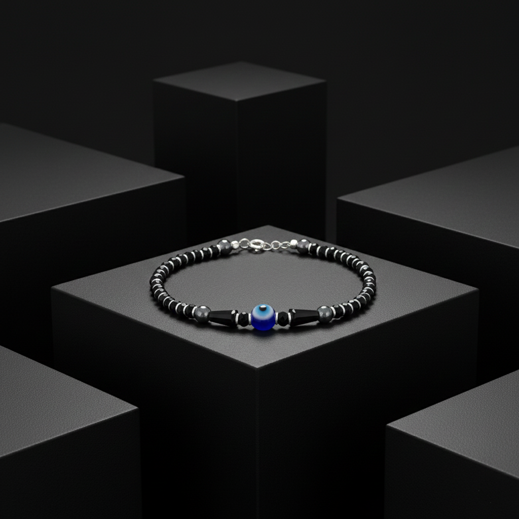 925 Starling Silver Black Beaded Bracelet with Blue Evil Eye, Silver Accents, Adjustable Size Spring Ring Clasp | BJBR-013