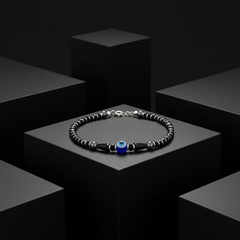 925 Starling Silver Black Beaded Bracelet with Blue Evil Eye, Silver Accents, Adjustable Size Spring Ring Clasp | BJBR-013