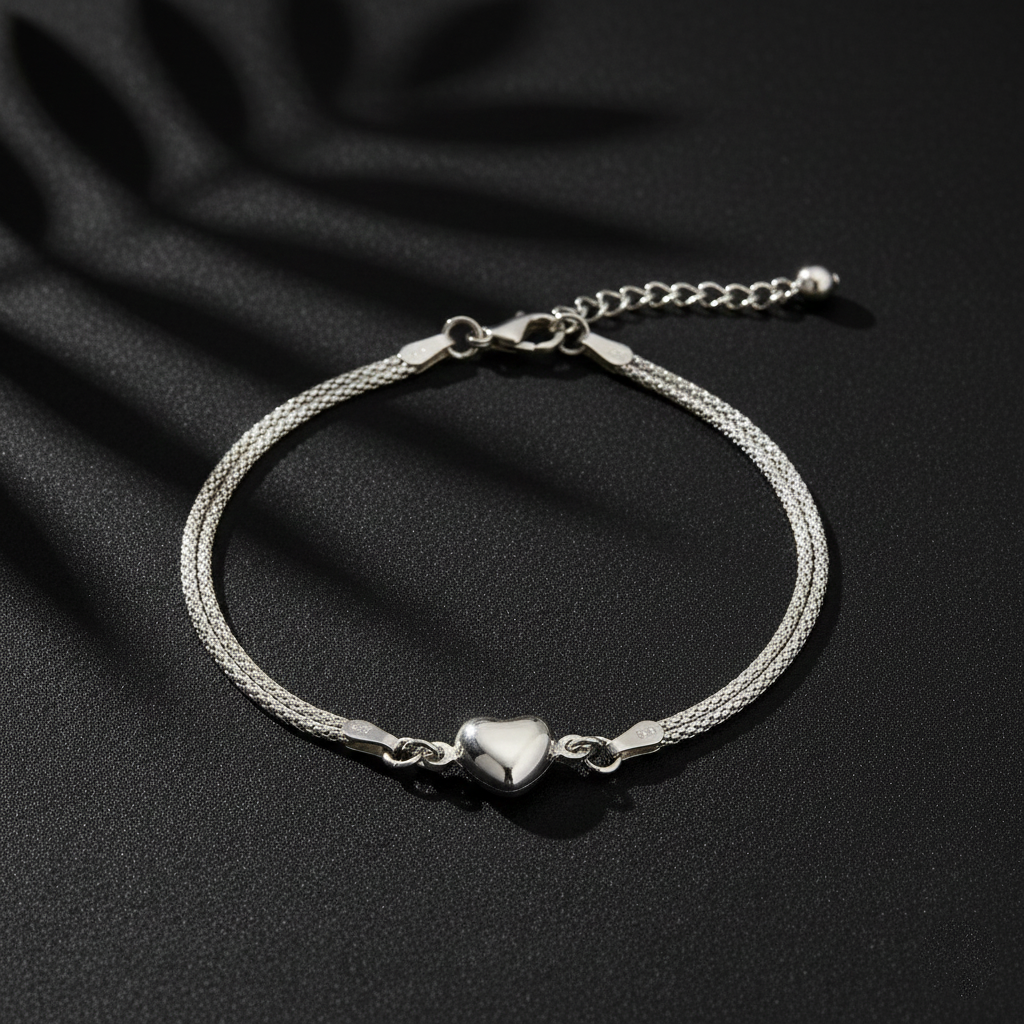 925 Sterling Silver Bracelet with Twisted Rope Chain Design, Adjustable Length, Heart Charm, Elegant Whoman Jewelry | Gifts for Women & Girls & Girlfriend |Wedding and Christmas Gifts | BJBR-03