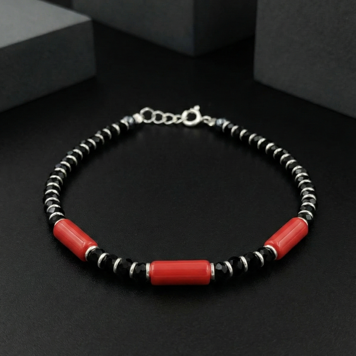 925 Starling Silver Beaded Bracelet with Red Coral Tubes, Spring Ring Clasp | BJBR-016
