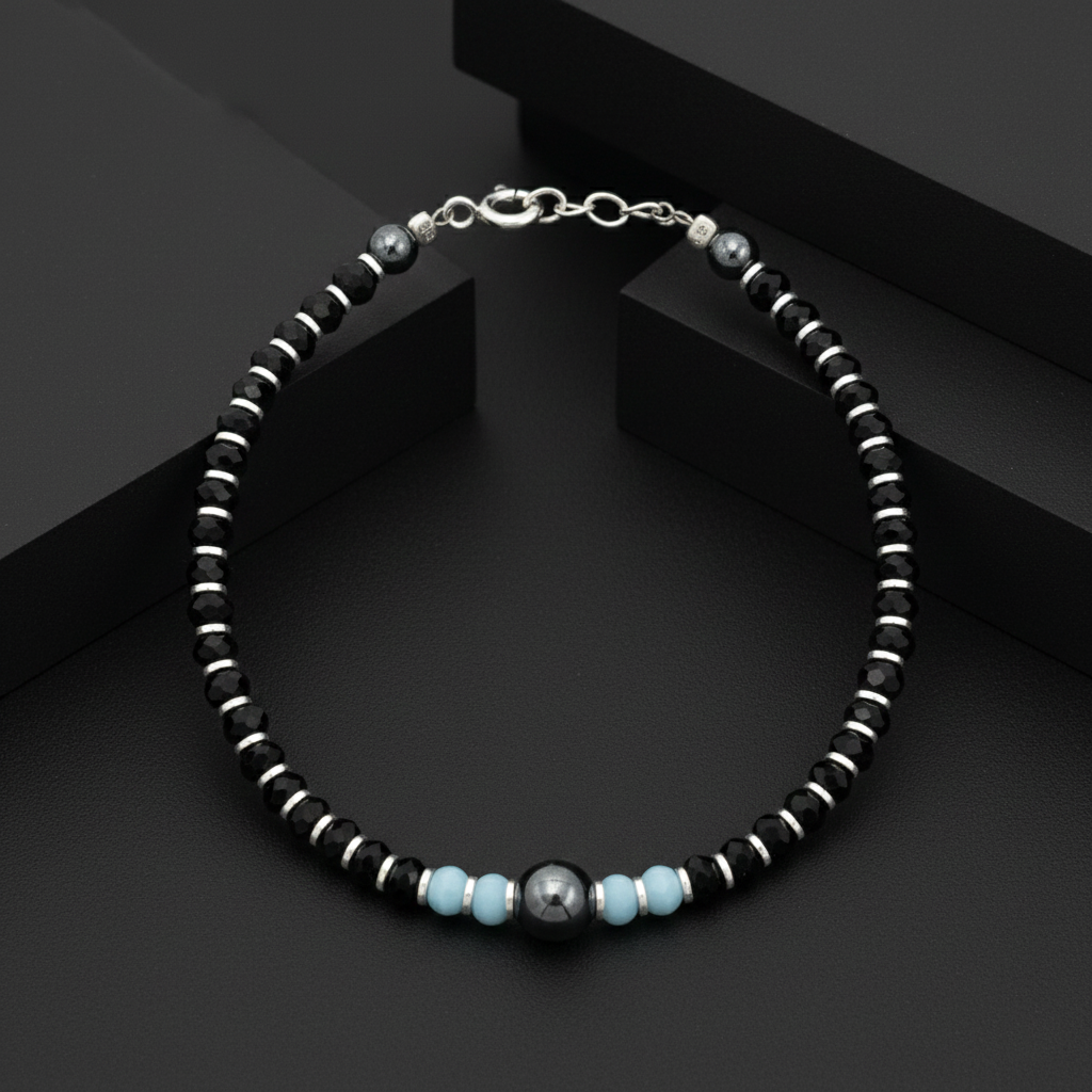 925 Starling Silver Beaded Bracelet, Black and Silver with Blue Accents, Hematite Beads, Spring Ring Clasp | BJBR-022