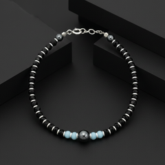 925 Starling Silver Beaded Bracelet, Black and Silver with Blue Accents, Hematite Beads, Spring Ring Clasp | BJBR-022