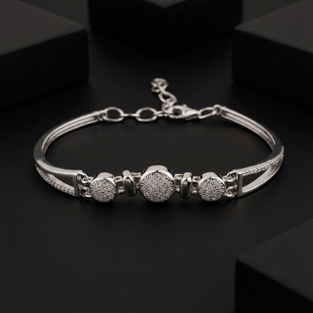 925 Sterling Silver Geometric Link Bracelet with Pave Cubic Zirconia & Polished Accents - Adjustable Fit | BJBR-073