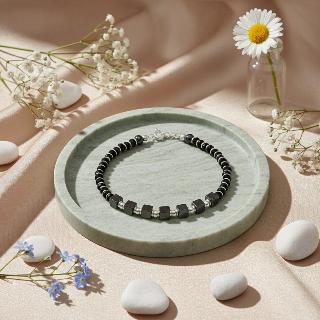 925 Starling Silver Black Hematite Beaded Bracelet with Silver Cube Accents, Spring Ring Clasp, Unisex Jewelry | BJBR-023