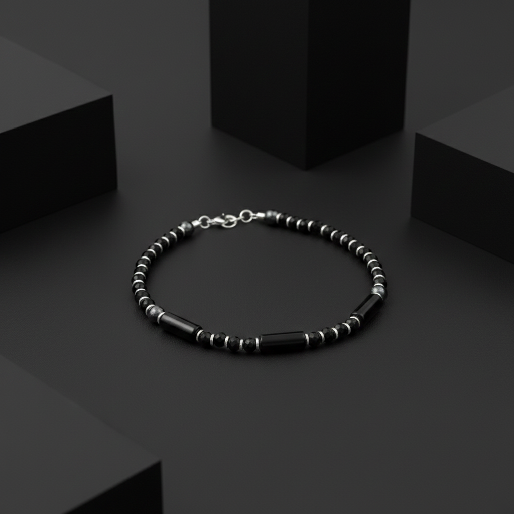 925 Starling Silver Beaded Bracelet, deep black cylindrical beads and polished round beads, Spring Ring Clasp, Contemporary Style | BJBR-011