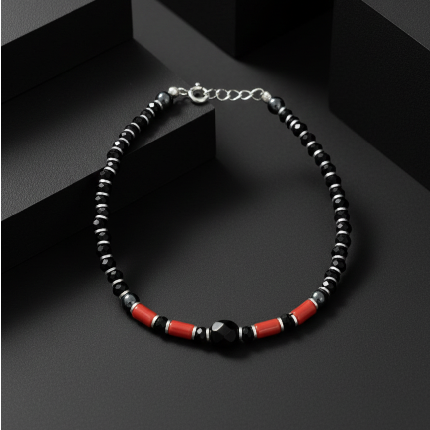 925 Starling Silver Beaded Bracelet with Black Onyx, Red Coral, Silver Accents, Adjustable Lenth, Spring Ring Clasp | BJBR-026