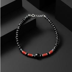 925 Starling Silver Beaded Bracelet with Black Onyx, Red Coral, Silver Accents, Adjustable Lenth, Spring Ring Clasp | BJBR-026