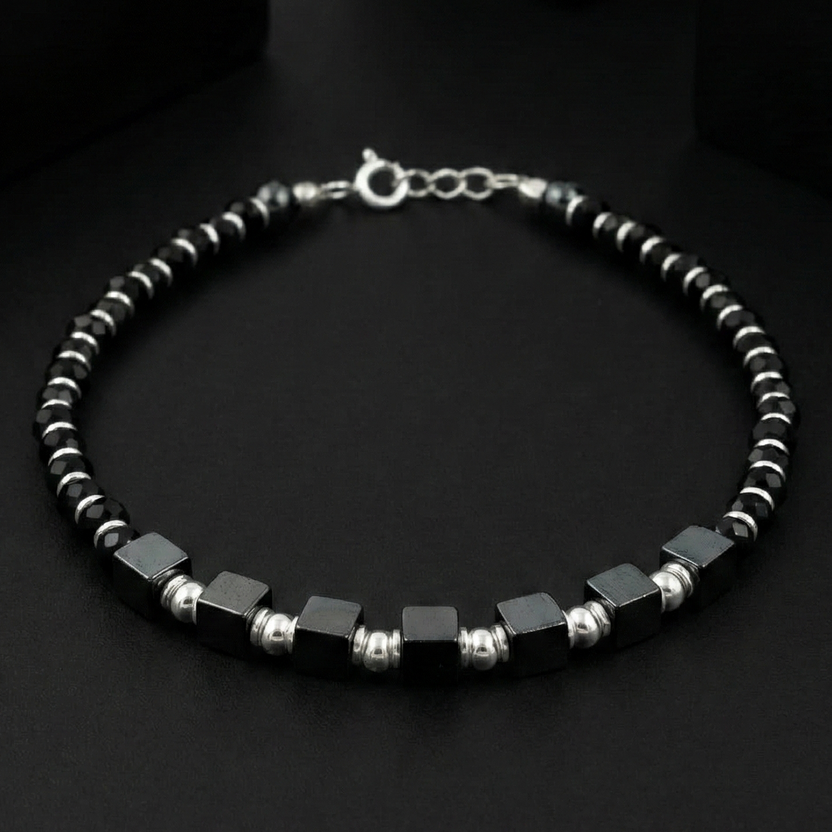 925 Starling Silver Black Hematite Beaded Bracelet with Silver Cube Accents, Spring Ring Clasp, Unisex Jewelry | BJBR-023