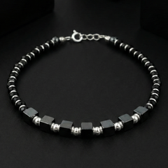 925 Starling Silver Black Hematite Beaded Bracelet with Silver Cube Accents, Spring Ring Clasp, Unisex Jewelry | BJBR-023