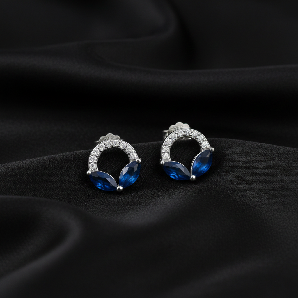 925 Sterling Silver Blue Sapphire Crystal Stud Earrings, Round Half-Circle Design with Cubic Zirconia Accents, Jewelry for Women | Gifts for Women & Girls & Girlfriend |Wedding and Christmas Gifts | BJER-07