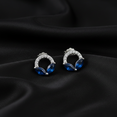925 Sterling Silver Blue Sapphire Crystal Stud Earrings, Round Half-Circle Design with Cubic Zirconia Accents, Jewelry for Women | Gifts for Women & Girls & Girlfriend |Wedding and Christmas Gifts | BJER-07