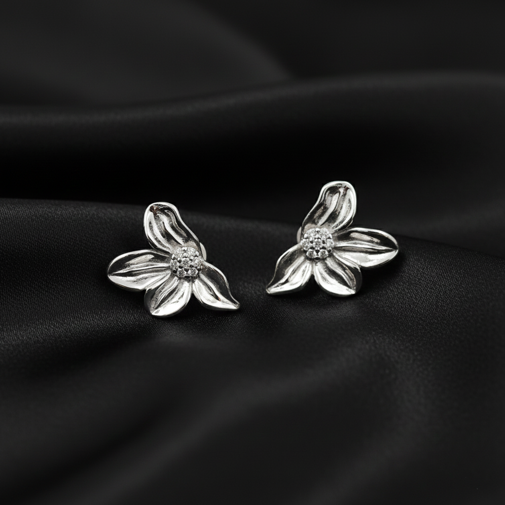 925 Silver Floral Stud Earrings, Crystal Center Daisy Design, Jewelry for Women, Elegant Petal Pattern | Gifts for Women & Girls & Girlfriend |Wedding and Christmas Gifts | BJER-06