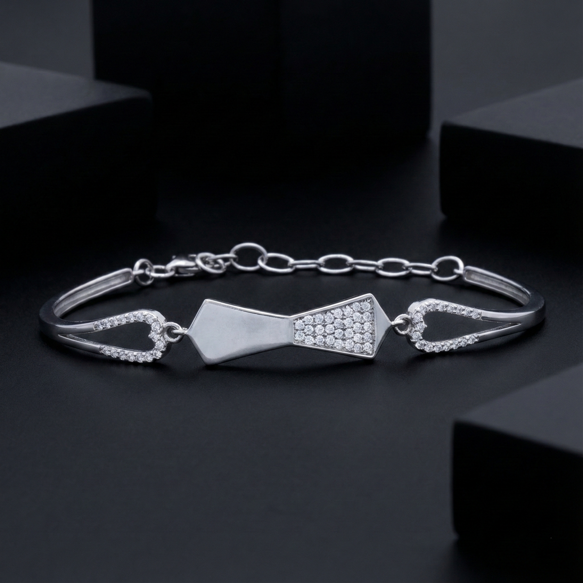 925 Starling Silver Asymmetrical "Modern Bow" Crystal Bracelet - Adjustable Fit | BJBR-031