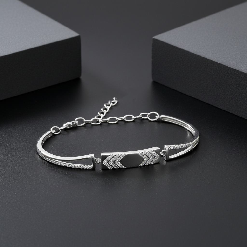 925 Starling Silver Modern Geometric Bar Bracelet with Pave Crystal Accents – Adjustable Silver Finish | BJBR-027