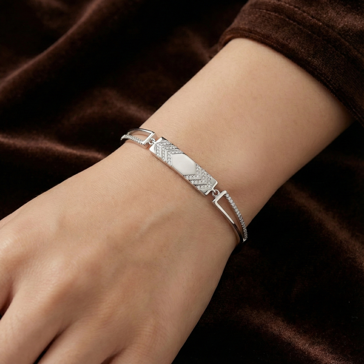 925 Starling Silver Modern Geometric Bar Bracelet with Pave Crystal Accents – Adjustable Silver Finish | BJBR-027
