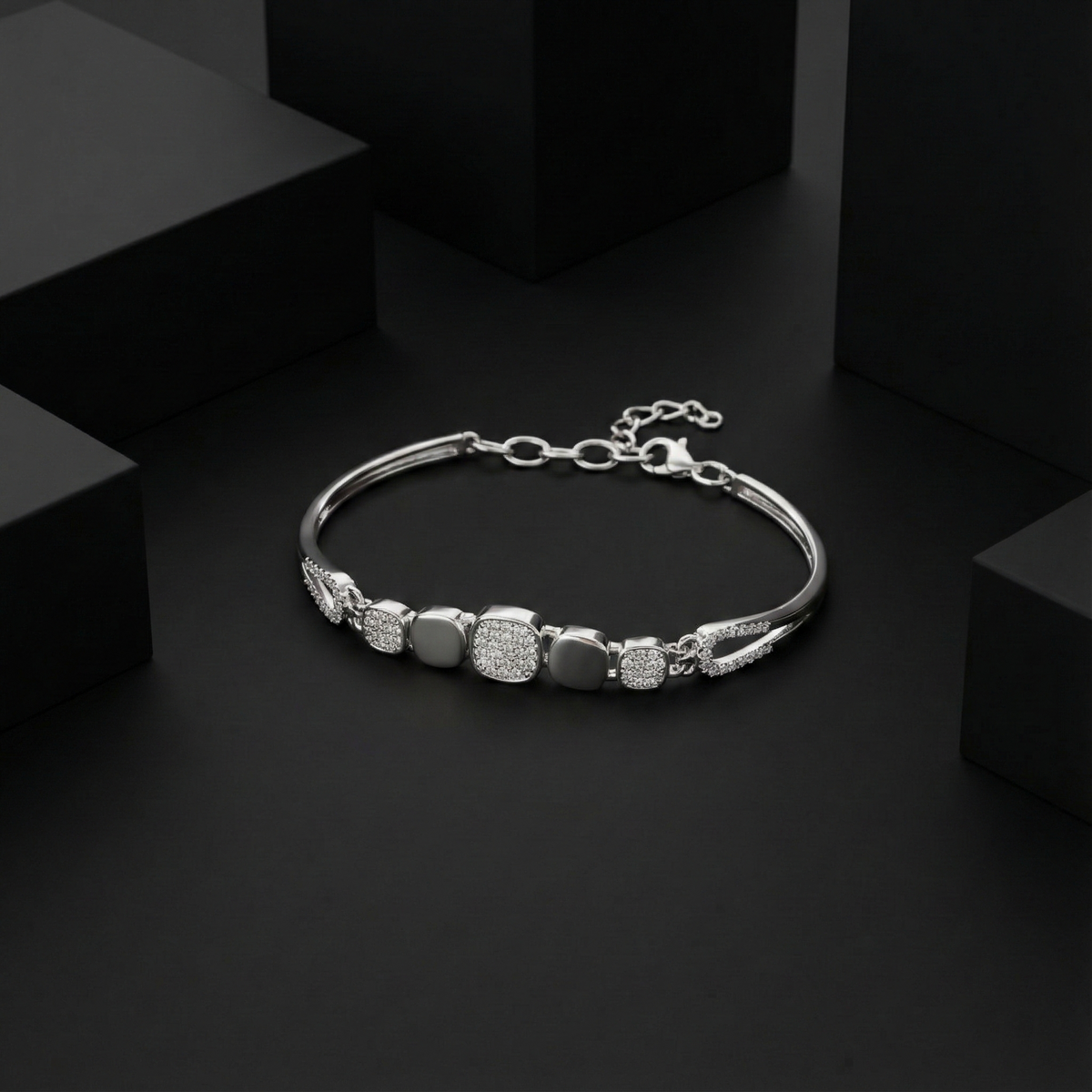 925 Sterling Silver Geometric Link Bracelet with Pave Cubic Zirconia & Polished Accents - Adjustable Fit | BJBR-072