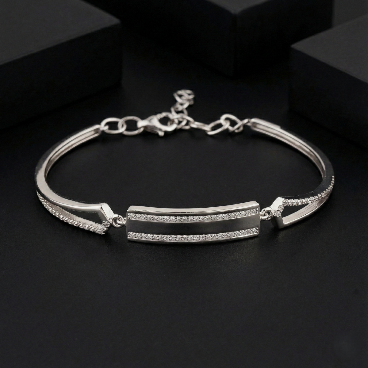 925 Sterling Silver Elegant Bar Bracelet with CZ Accents | Minimal Luxury Design | BJBR-034