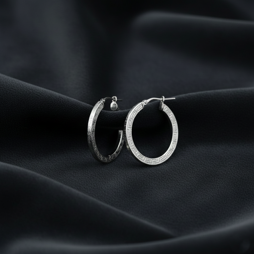 925 Sterling Silver Greek Key Pattern Hoop Earrings, Classic Round Design, Textured Finish, Hinged Closure | Gifts for Women & Girls & Girlfriend |Wedding and Christmas Gifts | BJER-013