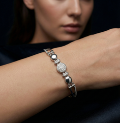 925 Starling Silver Women’s Adjustable Semi-Bangle Bracelet with Cubic Zirconia &amp; Geometric Accents | BJBR-029