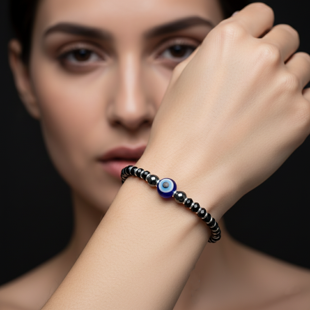 925 Starling Silver Beaded Bracelet with Blue Evil Eye Charm, Sring Ring Clasp | BJBR-014