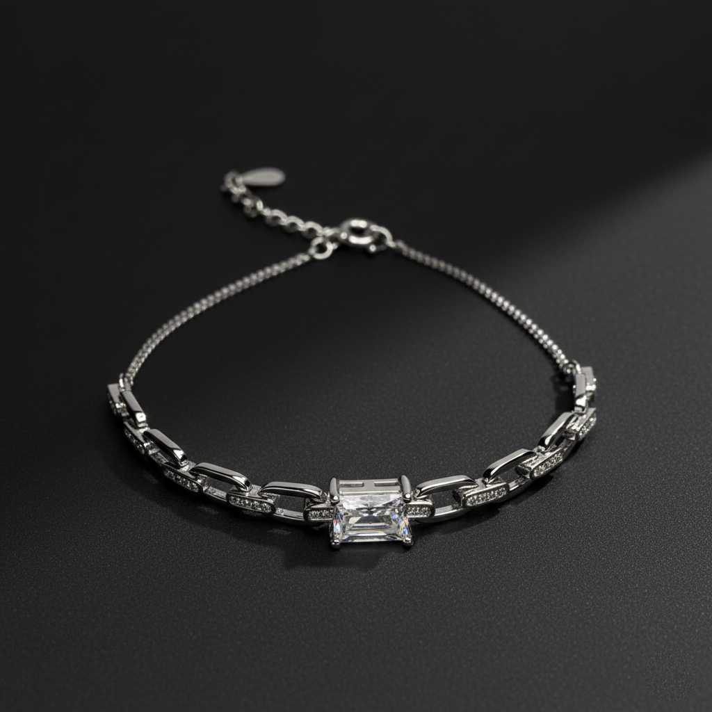 925 Sterling Silver Crystal Bracelet, Elegant Chain Link Design with Square Center Stone, Adjustable Length, Jewelry for Women| Gifts for Women & Girls & Girlfriend |Wedding and Christmas Gifts | BJBR-038