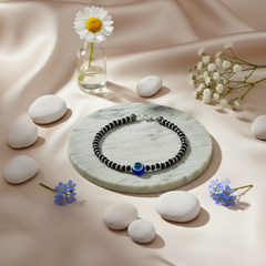 925 Starling Silver Black Beaded Bracelet with Blue Evil Eye Charm, Silver Spring Ring Clasp, Protection Jewelry | BJBR-024