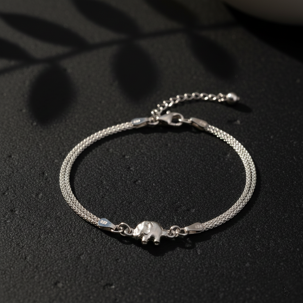 925 Sterling Silver Mesh Chain Bracelet with Elephant Charm, Adjustable Length, Jewelry for Women | Gifts for Women & Girls & Girlfriend |Wedding and Christmas Gifts | BJBR-02