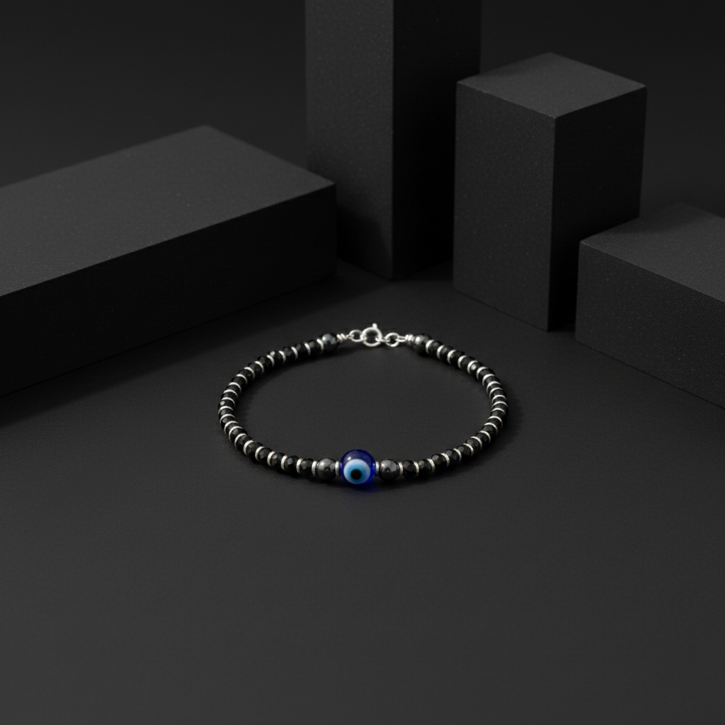 925 Starling Silver Beaded Bracelet with Blue Evil Eye Charm, Sring Ring Clasp | BJBR-014