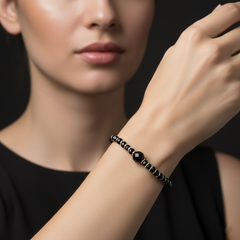 925 Starling Silver Beaded Bracelet, Black Faceted Beads with Silver Accents, Spring Ring Clasp | BJBR-020