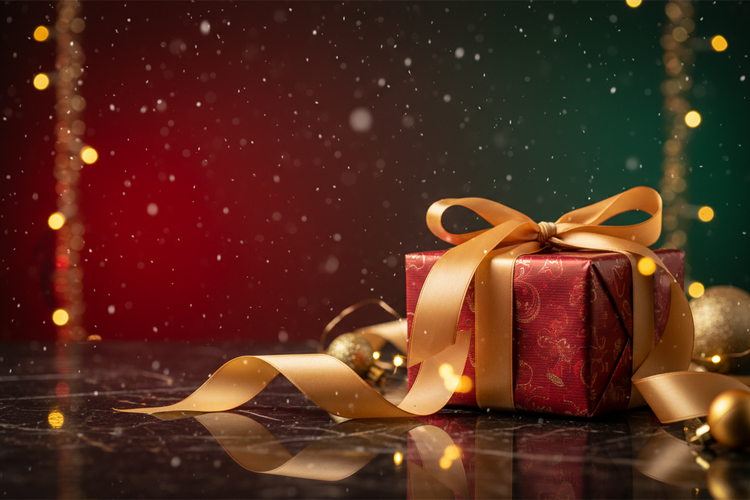 A luxurious Christmas-themed hero banner background for a premium jewellery brand. Elegant red and deep emerald green color palette with rich gold accents. Soft falling snow particles and subtle snow mist in the air. A beautifully wrapped Christmas gift box with a satin gold ribbon placed gracefully on a glossy surface. Warm festive lighting with soft glow highlights reflecting on metallic gold elements. Minimal, high-end aesthetic suitable for a jewellery website homepage. Clean composition with open space