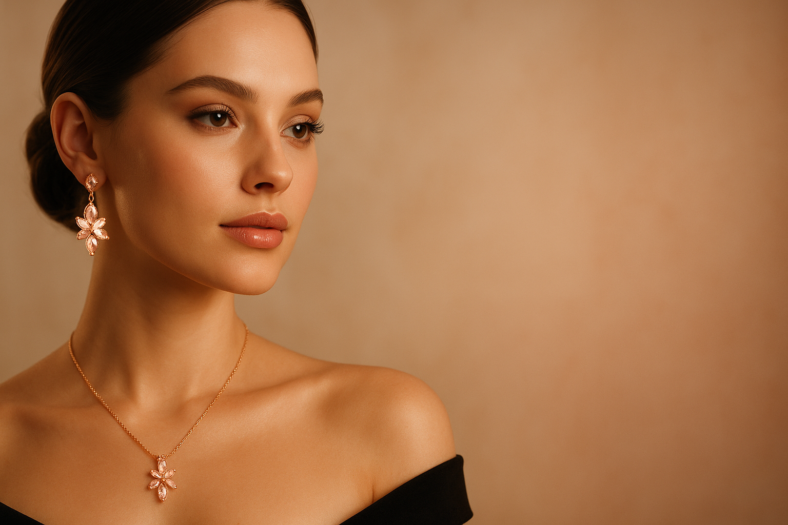 A luxury fashion banner featuring a close-up of a woman on the left side wearing elegant rose gold jewelry (necklace and earrings). The jewelry should shine with a soft metallic rose gold glow. The background should be minimal and softly blurred in warm beige/rose tones, leaving the right side clean and empty for overlay text. High-end, modern, glamorous style suitable for a jewelry website banner