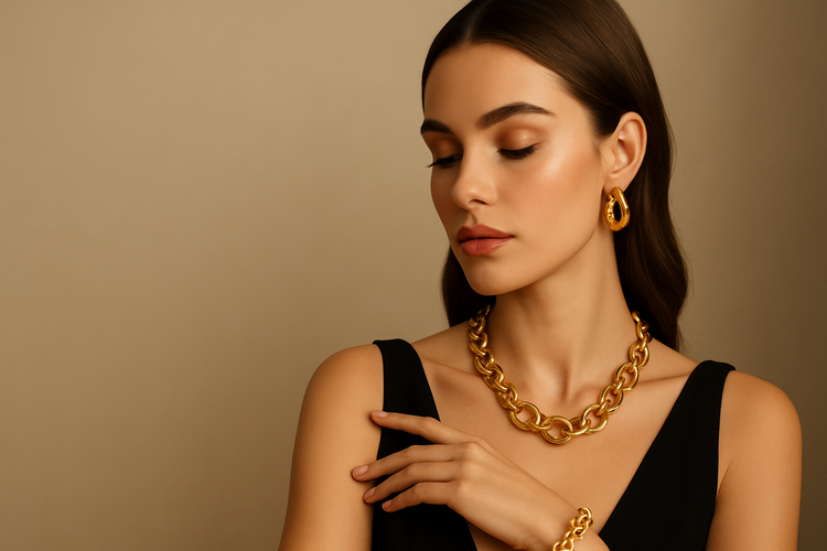 A luxury fashion photo of a beautiful woman wearing elegant gold jewelry (necklace, earrings, and bracelet). The woman should be positioned on the right side of the image, with soft lighting highlighting the jewelry details. The left side of the image should have a plain, minimal background (light beige or soft gradient) with empty space, so overlay text can be added later in black. The overall style should be high-end, modern, and suitable for a jewelry website banner.