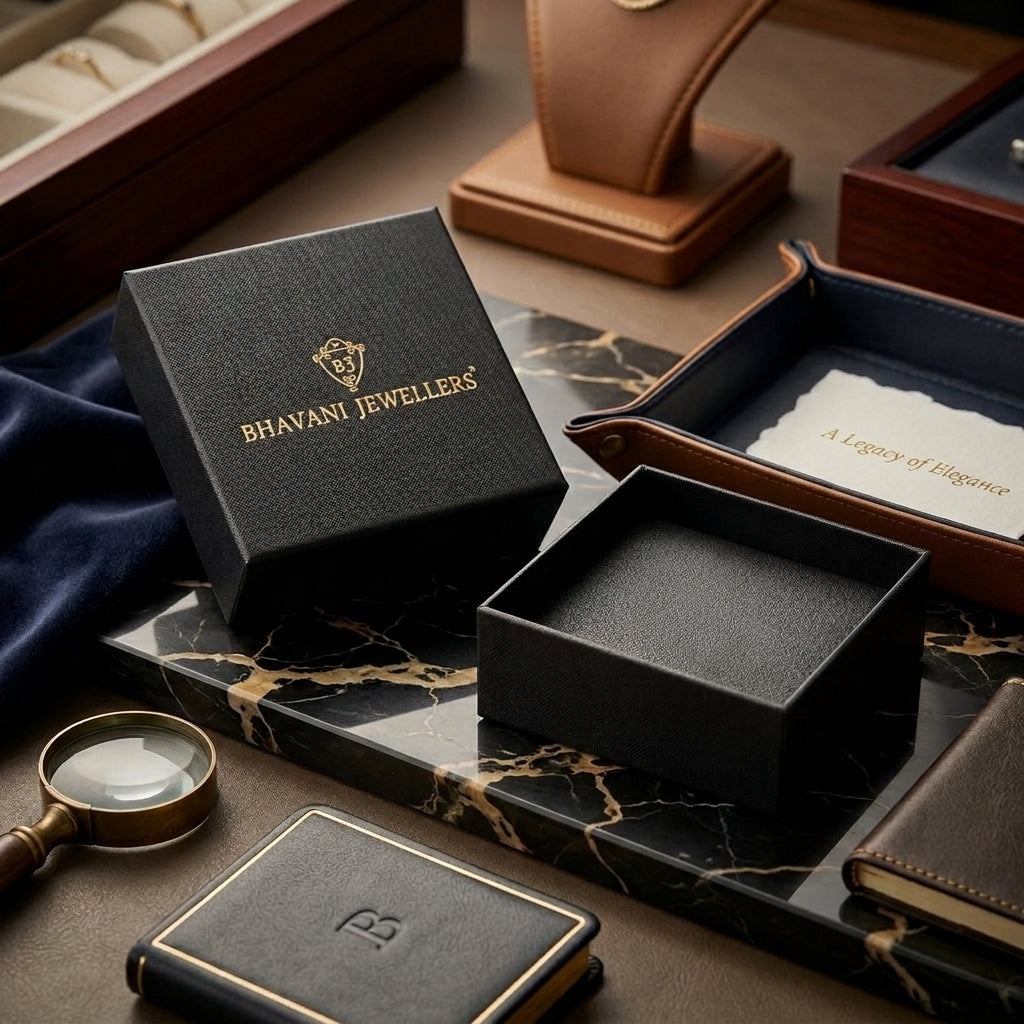 A luxury jewelry presentation scene featuring a black textured box with gold lettering that reads 'BHAVANI JEWELLERS' on a dark marble tray, alongside an open black box, a leather-bound notebook with an embossed 'B', a magnifying glass, and jewelry display boxes in the background.