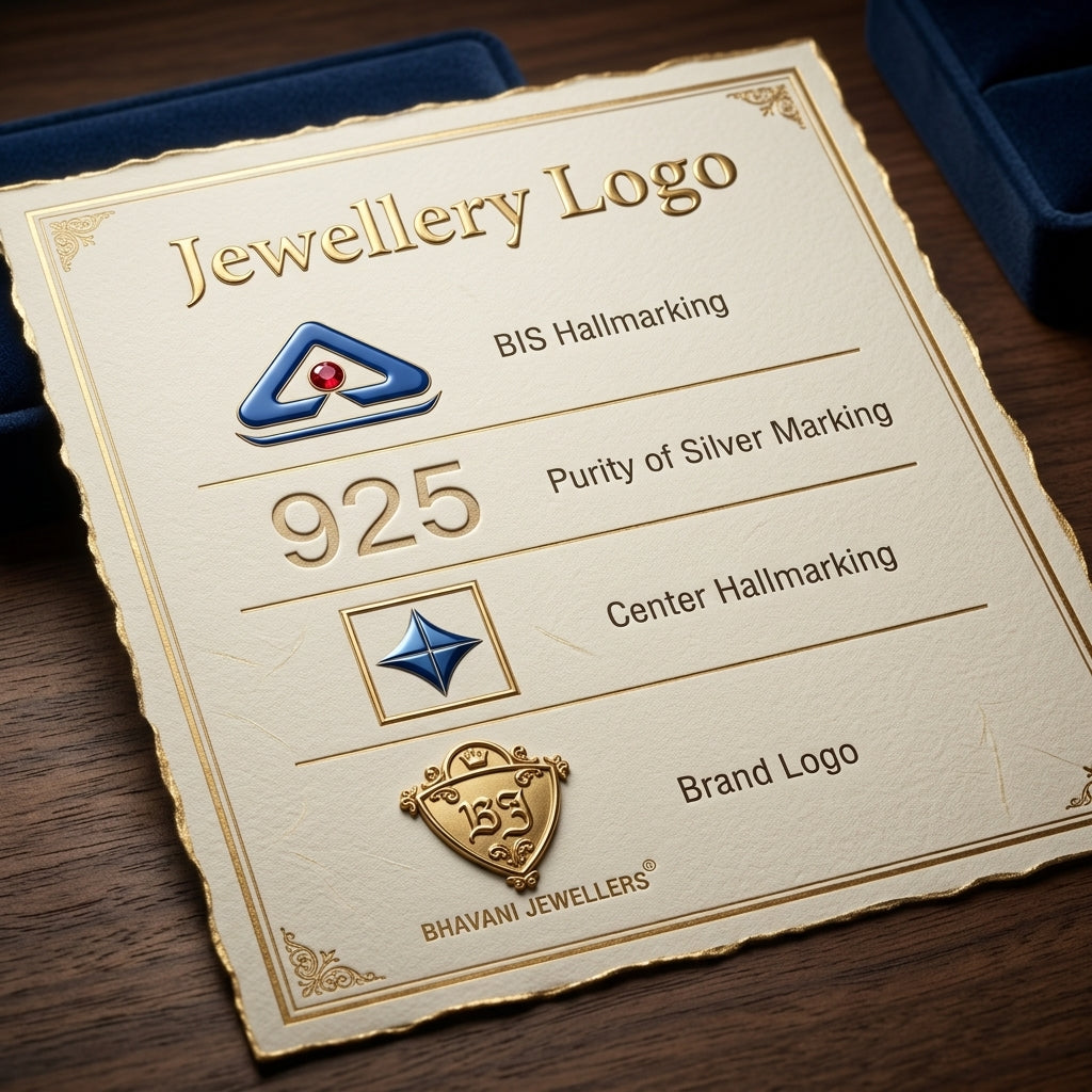A close-up of a cream-colored jewellery authenticity card with gold border details, placed on a dark wooden surface next to a blue velvet box. The card features BIS Hallmarking, 925 Purity of Silver Marking, Center Hallmarking, and a gold brand logo for BHAVANI JEWELLERS.