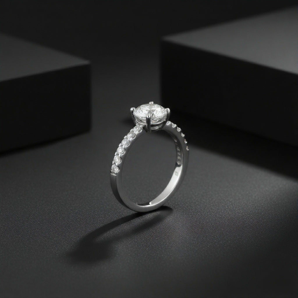 925 Sterling Silver Solitaire Engagement Ring, Round Cut Center Stone, Pave Band | BJLR-0022