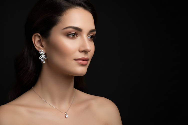 Luxury fashion banner: close-up portrait of a woman positioned on the left side, wearing elegant silver jewelry — a thin delicate silver necklace and matching earrings. Polished sterling-silver shine, photorealistic, soft studio lighting, black shaded background, elegant and sophisticated mood, suitable for high-end jewelry advertising. No text.

