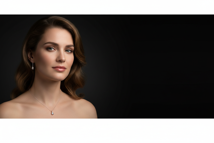 Luxury fashion banner: close-up portrait of a woman positioned on the left side, wearing elegant silver jewelry — a thin delicate silver necklace and matching earrings. Polished sterling-silver shine, photorealistic, soft studio lighting, black shaded background, elegant and sophisticated mood, suitable for high-end jewelry advertising. No text. keep modal right sid
