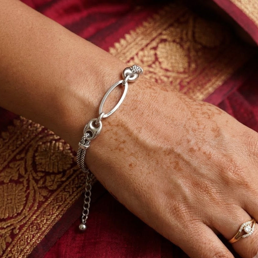 925 Sterling Silver Oval Link Bracelet for Women | Adjustable Italian Mesh Chain Bracelet | Minimalist Contemporary Jewelry Gift for Her