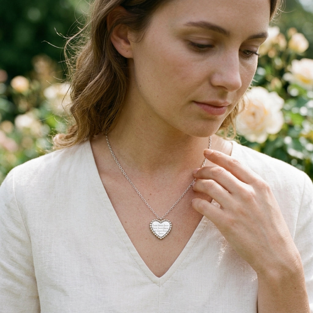 A woman wearing a silver heart pendant necklace with engraved text, photographed outdoors against a soft-focus background of green foliage and white flowers.