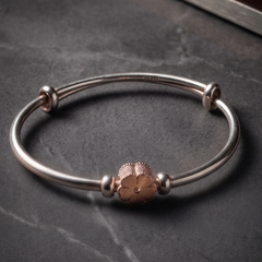 925 Sterling Silver Floral Charm Bangle – Rose Gold Toned Flower Motif Bracelet