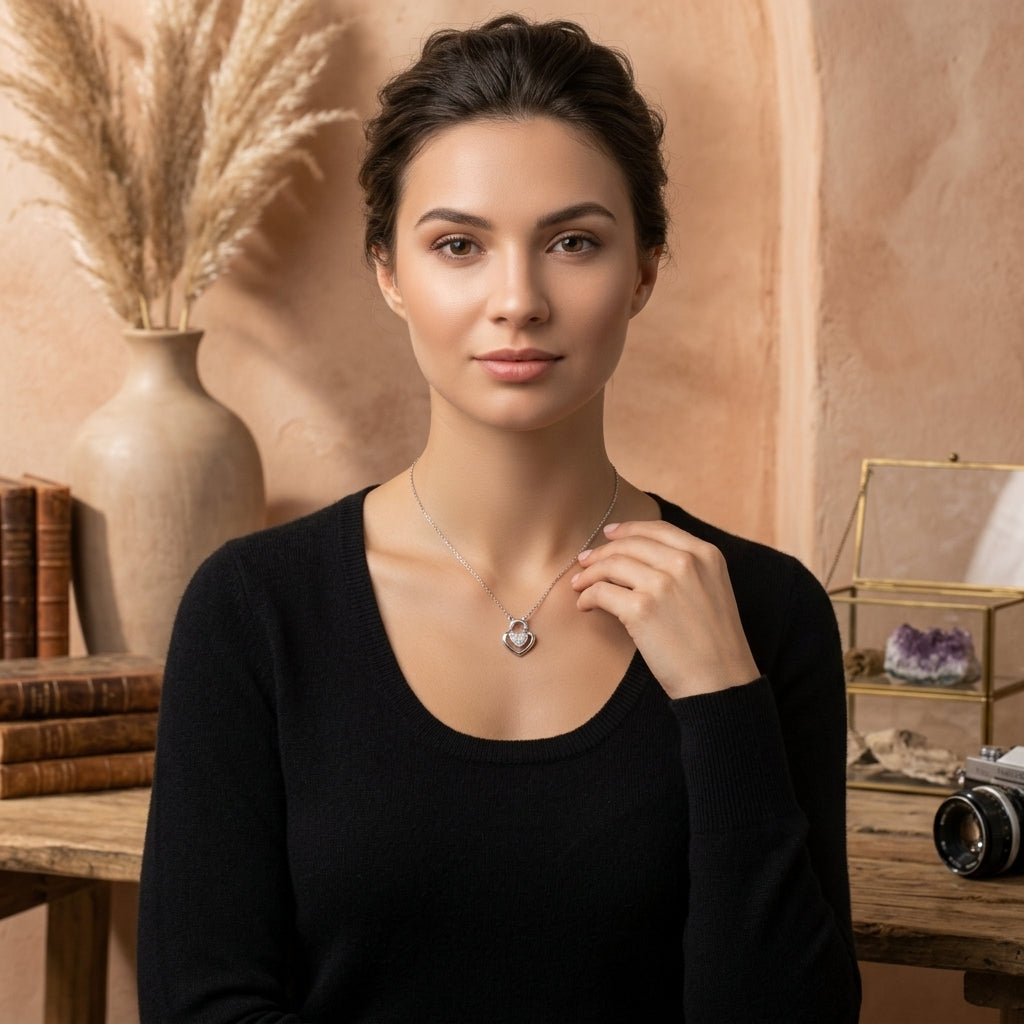 A woman with dark hair pulled back wears a delicate silver necklace with a heart-shaped crystal pendant, posed in a warm, rustic room with a wooden table, books, and dried grass in a vase.