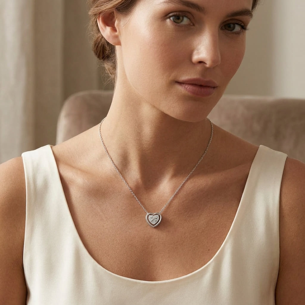 A woman wearing a delicate silver heart pendant necklace with a pavé-set center, styled with a cream-colored satin top. The background is a softly blurred indoor setting with neutral beige tones.