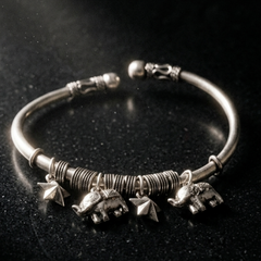Handcrafted 925 Sterling Silver Elephant & Star Charm Bangle