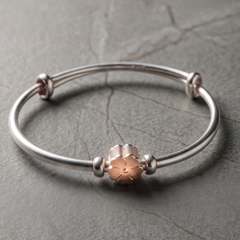 925 Sterling Silver Floral Charm Bangle – Rose Gold Toned Flower Motif Bracelet