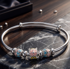 925 Sterling Silver Floral Charm Bangle